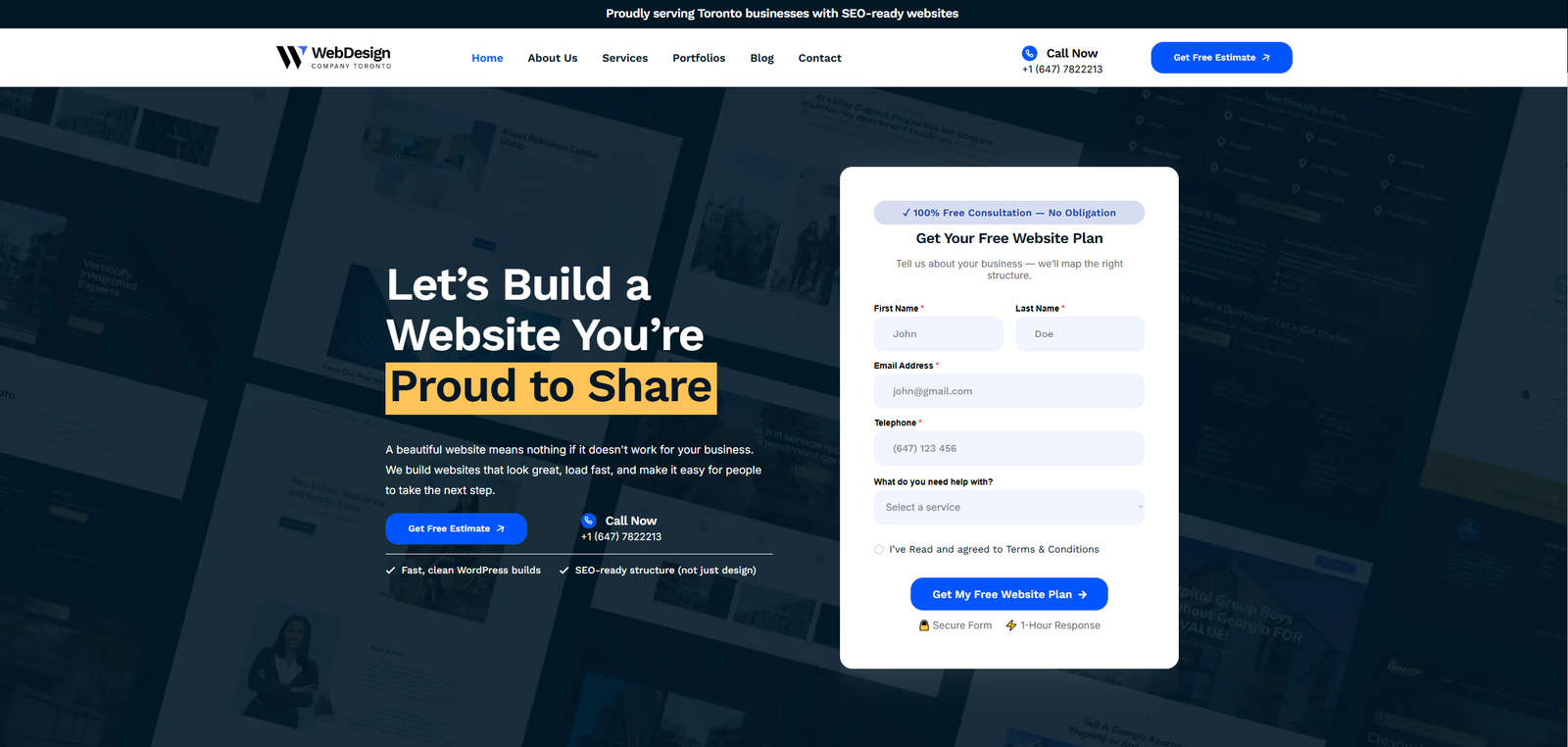 Updated Web Design Company Toronto homepage hero showing “Proud to Share” headline, blue CTA button, lead form on the right, and new value-focused trust points under the call button.
