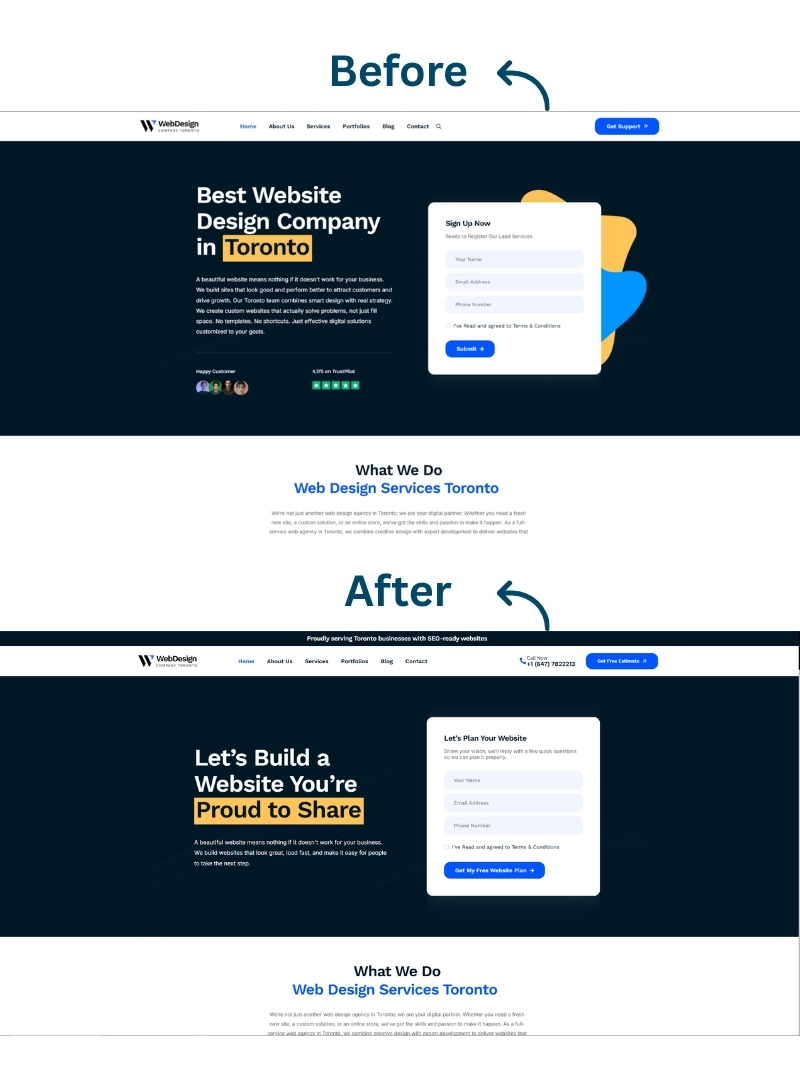 Side-by-side before and after comparison of the Web Design Company Toronto homepage showing updated hero layout, new headline, and improved form placement.