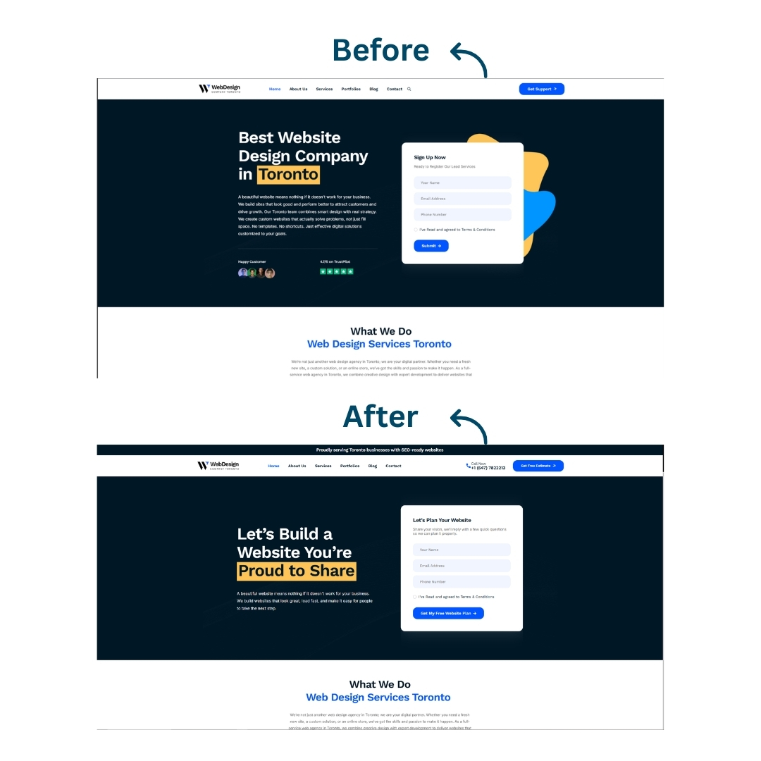 Side-by-side before and after comparison of the Web Design Company Toronto homepage showing updated hero layout, new headline, and improved form placement.