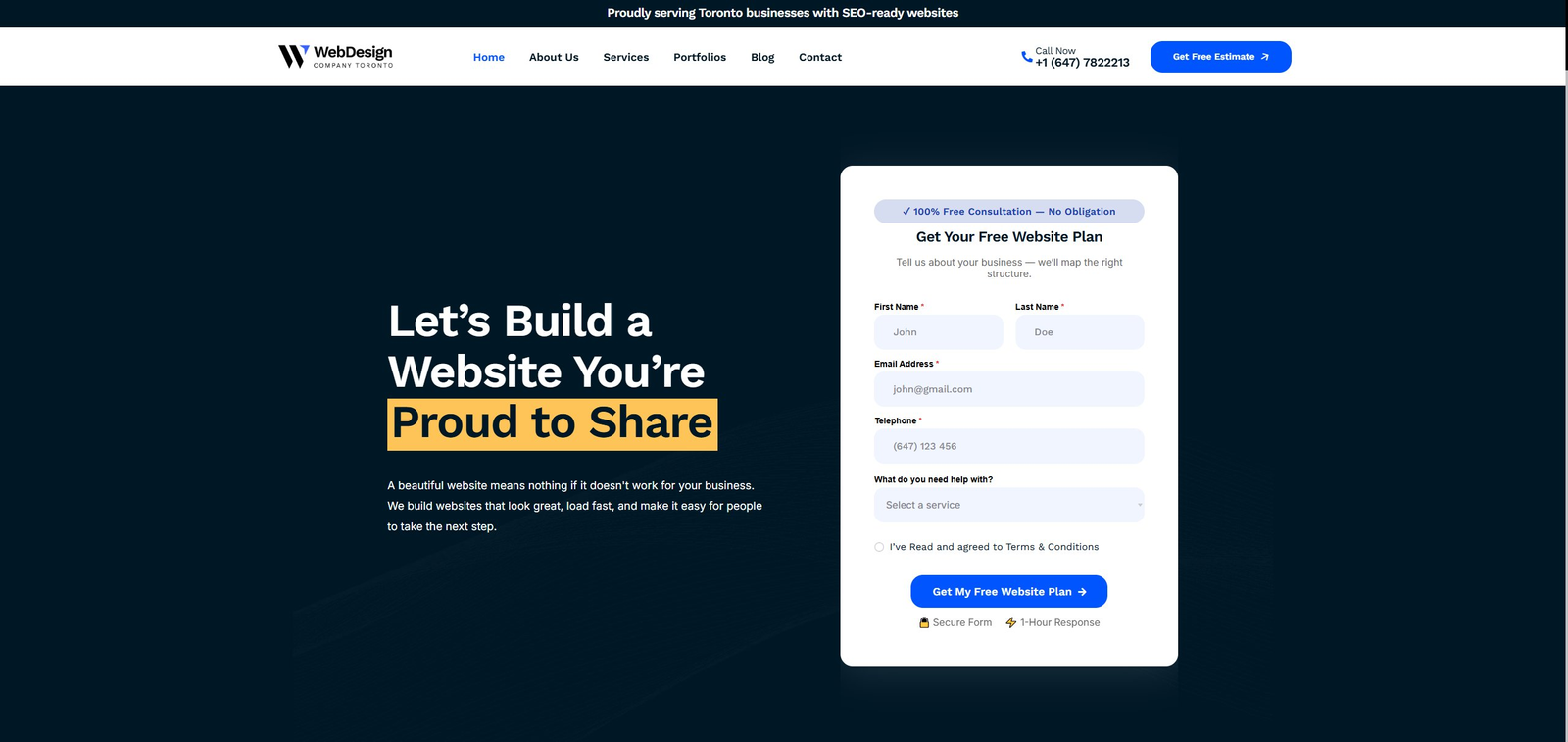 Updated Web Design Company Toronto homepage hero showing new “Proud to Share” headline with highlighted text and redesigned website plan lead form.