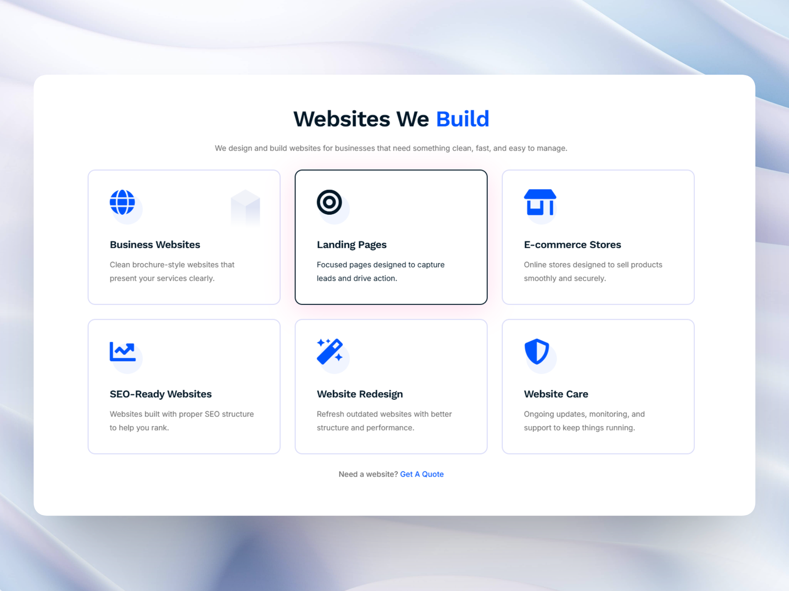 Website services section showing a 3×2 grid of offerings: Business Websites, Landing Pages, E-commerce Stores, SEO-Ready Websites, Website Redesign, and Website Care, with icons and a “Get a Quote” call-to-action.
