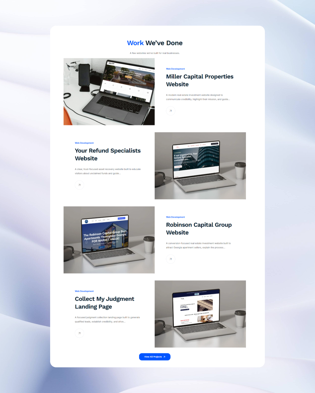 Screenshot of the updated Work page showing five portfolio projects in an alternating layout with a “View All Projects” button at the bottom.
