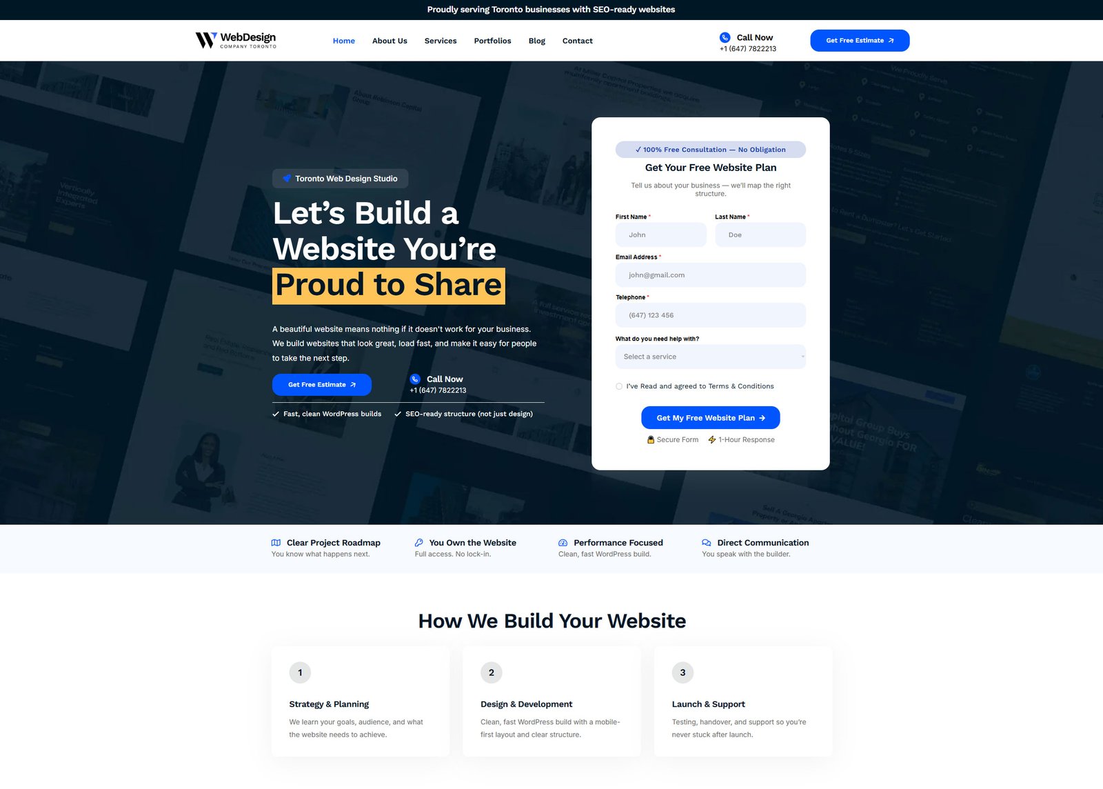 Updated Web Design Company Toronto homepage hero Adding how we build section
