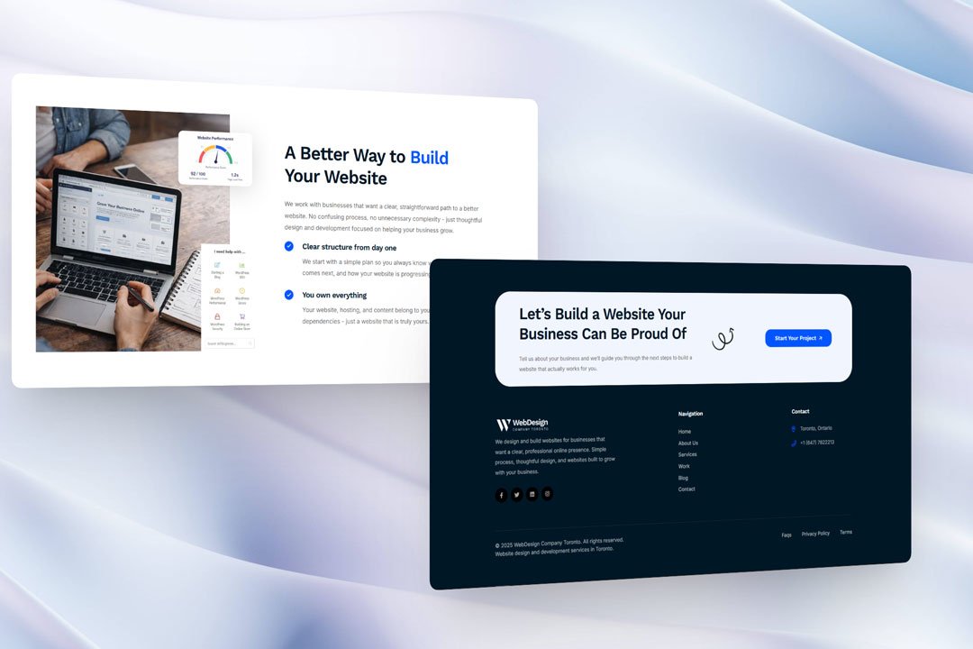 Website layout showing the “Why Choose Us” section beside the final call-to-action and simplified footer design for the Web Design Company Toronto site.