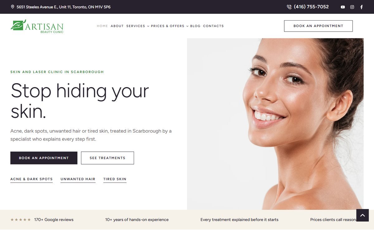 Artisan Beauty Clinic homepage